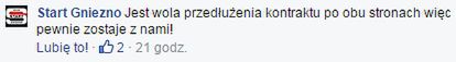 Informacja przekazana za pośrednictwem oficjalnego fanpage'u Startu Gniezno w sprawie przyszłości Adriana Gomólskiego