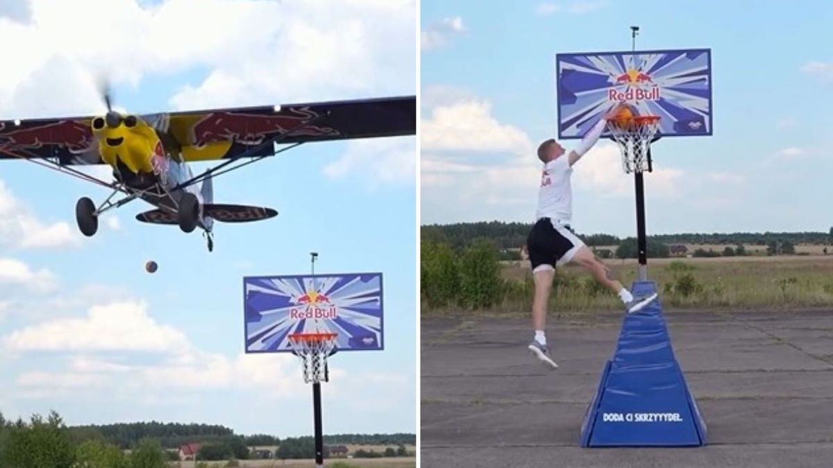 Instagram / redbullpolska / Na zdjęciu: Piotr Grabowski wykonuje wsad do kosza z aststą z samolotu