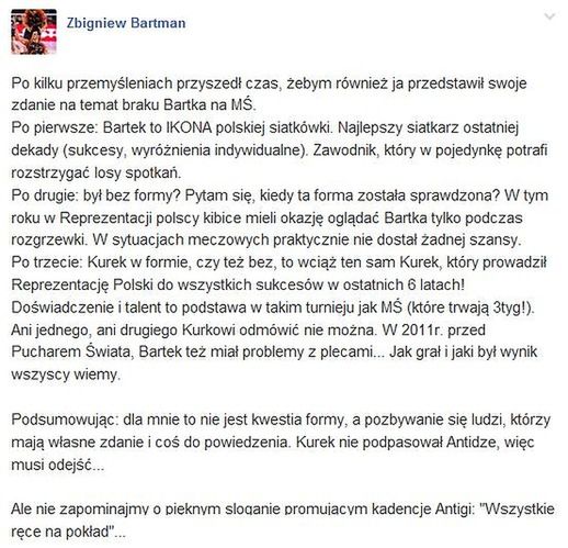 Zbigniew Bartman zabrał głos ws. niepowołania Bartosza Kurka na MŚ 2014 (źródło: Facebook)