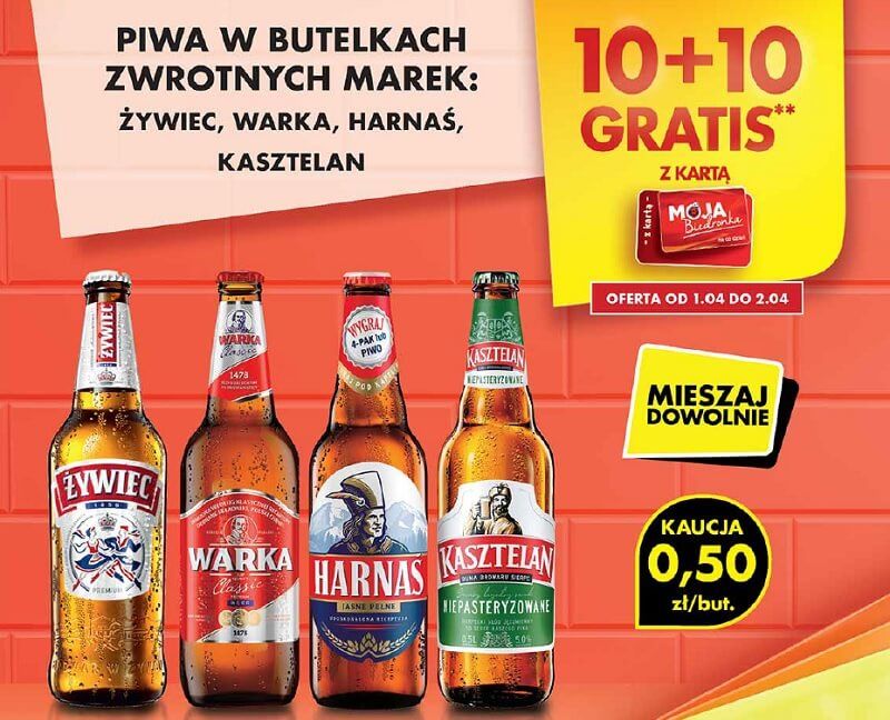 Objęte promocją są między innymi następujące piwa w butelce: Harnaś Jasne Pełne 500 ml, Kasztelan Niepasteryzowane 500 ml, Warka Classic 500 ml i Żywiec 500 ml.