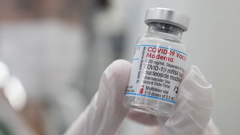 Photo shows a vial of COVID-19 vaccine developed by Moderna Inc. at a large vaccination center set up by the Aichi prefectural government in the town of Toyoyama on May 24, 2021. Inoculations at the center in the central Japan prefecture began the same day. (Photo by Kyodo News via Getty Images)