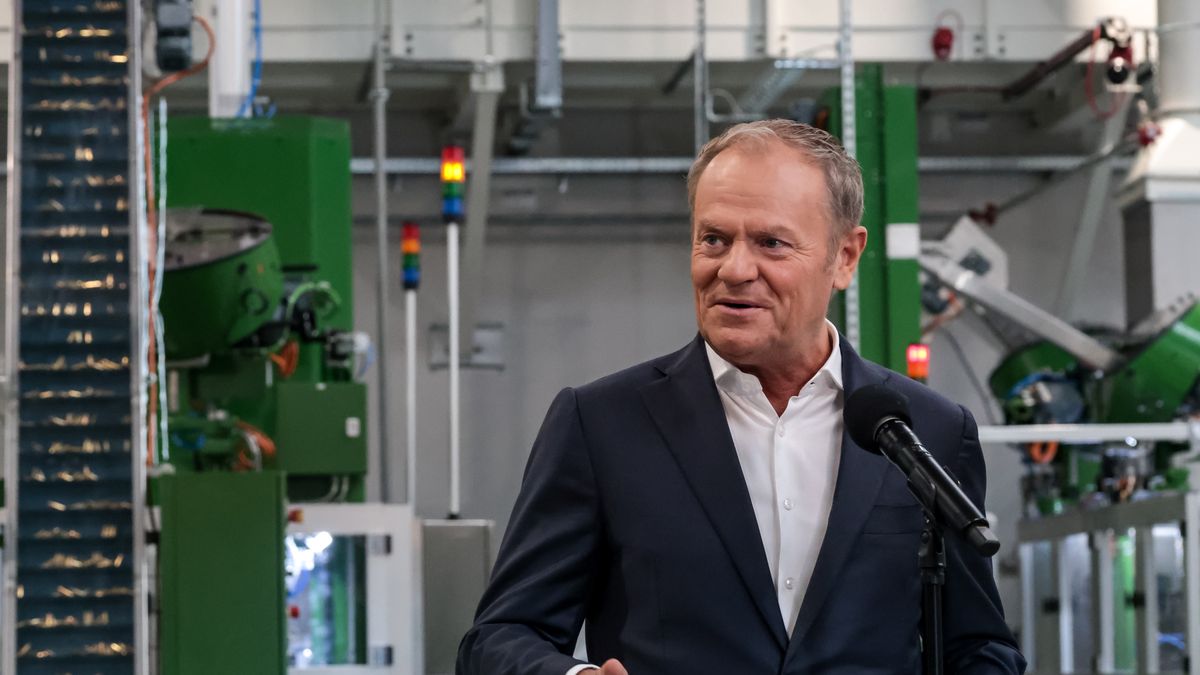 Prime Minister of Poland Donald Tusk speaks to the media during the press conference on an official opening day  of Project 400 - a new production hall of Mesko ammunition production company on June 13, 2025 in Skarysko Kamienna, Poland. Thanks to new production lines Mesko will increase production from 50 mln to 250 mln per year. (Photo by Dominika Zarzycka/NurPhoto via Getty Images)