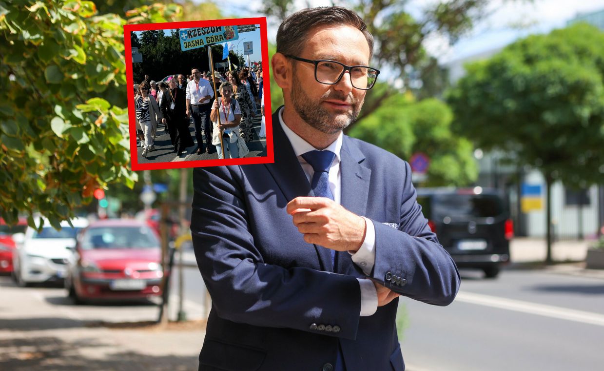 Obajtek maszeruje z pielgrzymką. Uwagę zwraca jego strój