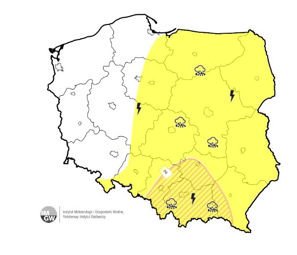 Jedynie na zachodzie kraju poniedziałek ma być spokojny. W pozostałych rejonach obowiązują ostrzeżenia przed burzami