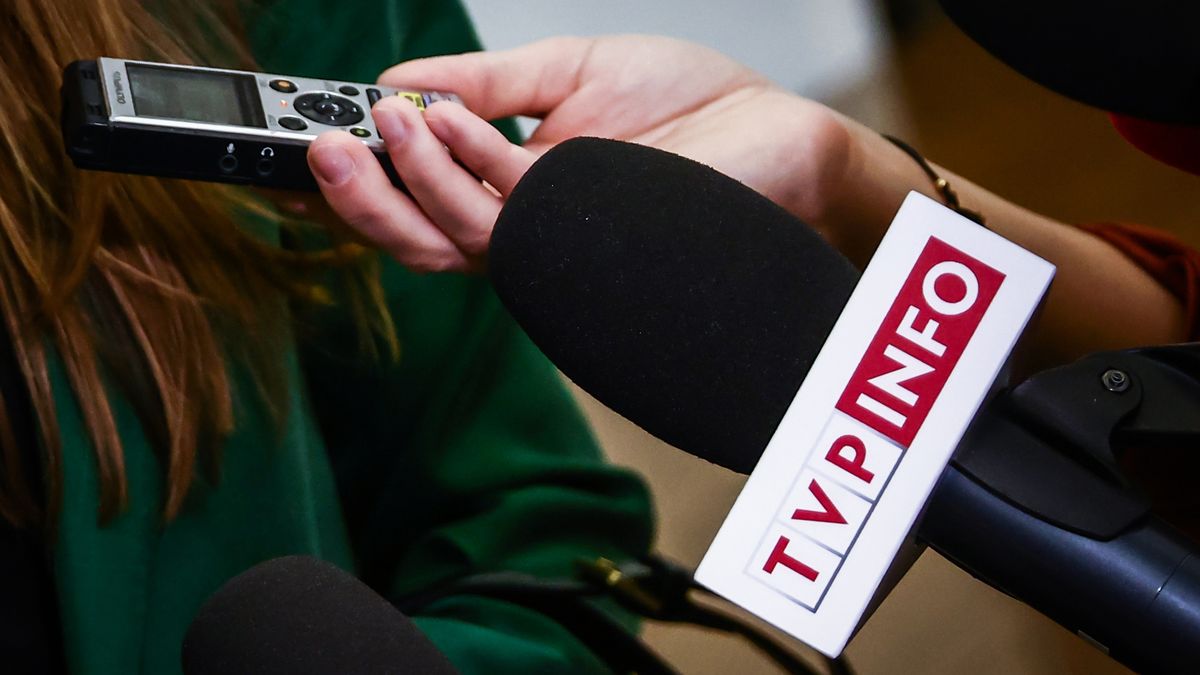 TVP Info microphone is seen during the parliament session in Warsaw, Poland on December 12, 2023.  (Photo by Beata Zawrzel/NurPhoto via Getty Images)