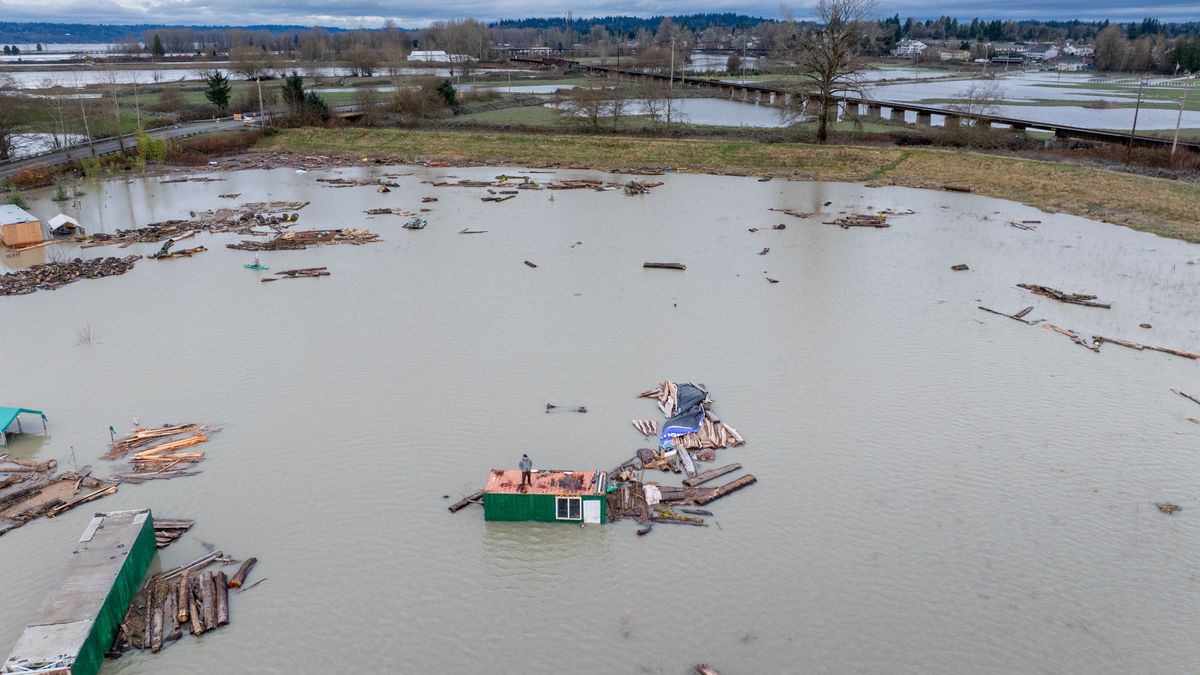 Western Washington Braces For Another Atmospheric River, Bringing Flooding And Landslide Risks Back To Region
SNOHOMISH, WASHINGTON - DECEMBER 14: In an aerial view, a person stands atop of property engulfed by floodwater on December 14, 2025 in Snohomish, Washington. Atmospheric rivers are expected to continue in the coming days as northern Washington continues reeling from historic flooding late last week. Mass flooding along the Pacific Northwest caused historic flooding, tens of thousands of evacuations, and dozens of Coast Guard rescues.  (Photo by Brandon Bell/Getty Images)
Brandon Bell