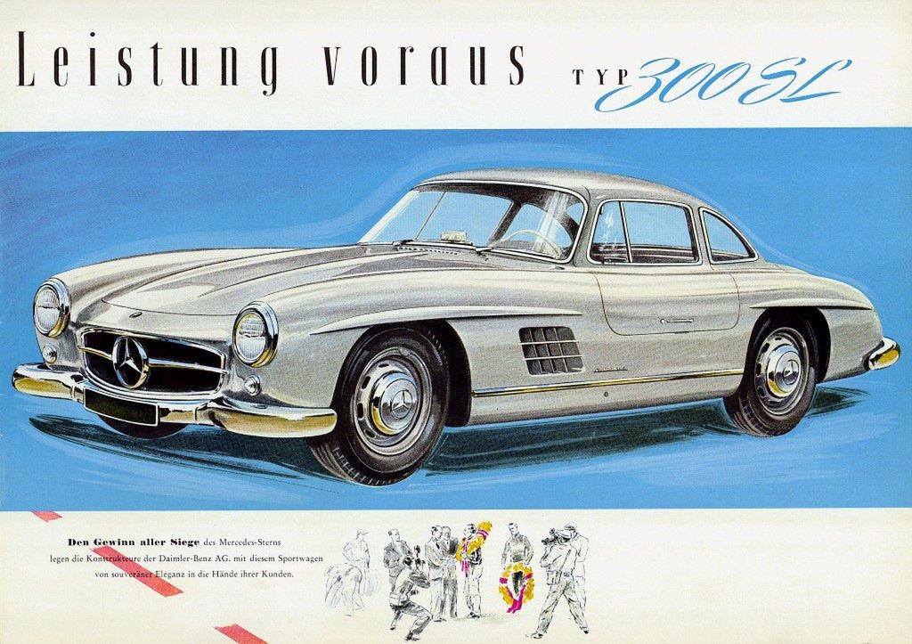 Plakat reklamujący Mercedesa 300 SL. Mimo wysokiej ceny, dopłaty wymagało nawet lewe lusterko.