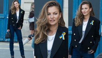 Anna Lewandowska z symbolem flagi Ukrainy pozuje podczas pokazu Louis Vuitton w Paryżu (ZDJĘCIA)
