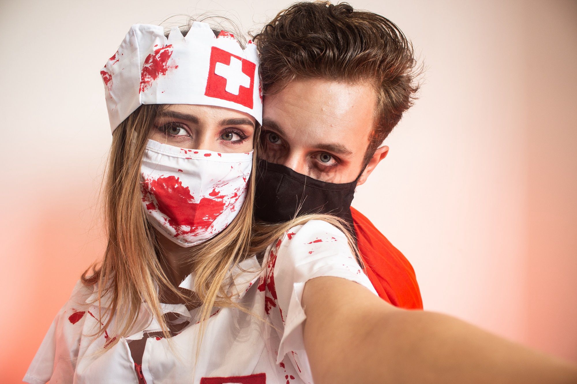 halloween, safe, face, mask, isolated, virus, epidemy, health, care, party, couple, together, male, female, nurse, vampire, creepy, scare, horror, fun, makeup, blood, carnival, social, smarphone