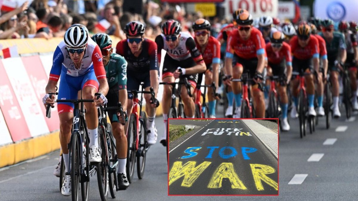 Zdjęcie okładkowe artykułu: PAP / Darek Delmanowicz / Na zdjęciu: kolarze podczas Tour de Pologne / małe zdjęcie: napis na trasie Tour de Pologne