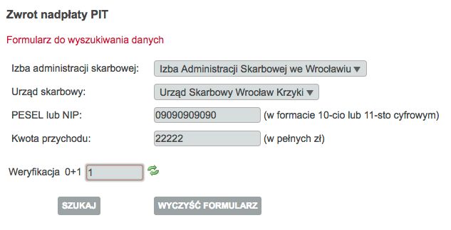 Wypełniony formularz na stronie MF