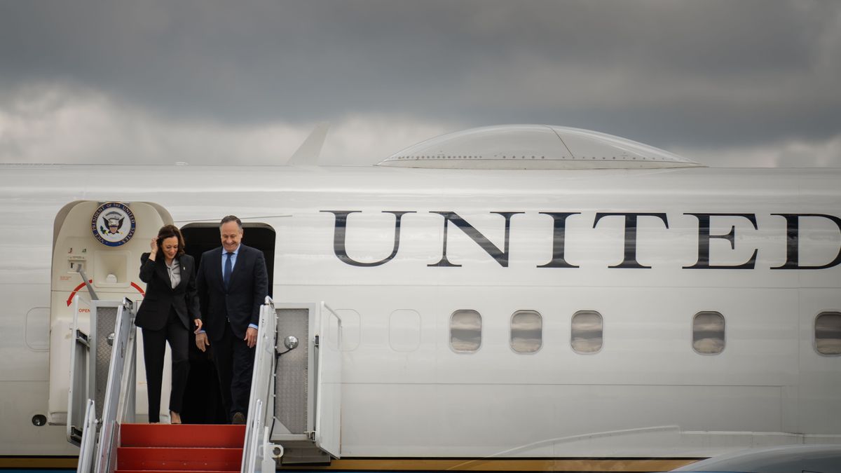 LUSAKA,  - MARCH 31: Vice President Kamala Harris and Second Gentleman Doug Emhoff disembark from Air Force Two at Kenneth Kuanda International Airport on Friday, March 31, 2023 in Lusaka, Zambia.  (Kent Nishimura / Los Angeles Times via Getty Images)