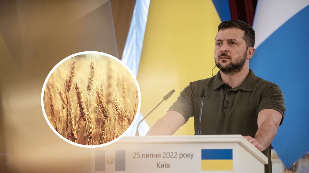 Na zdjęciu Wołodymyr Zełenski w trakcie konferencji prasowej oraz zboże