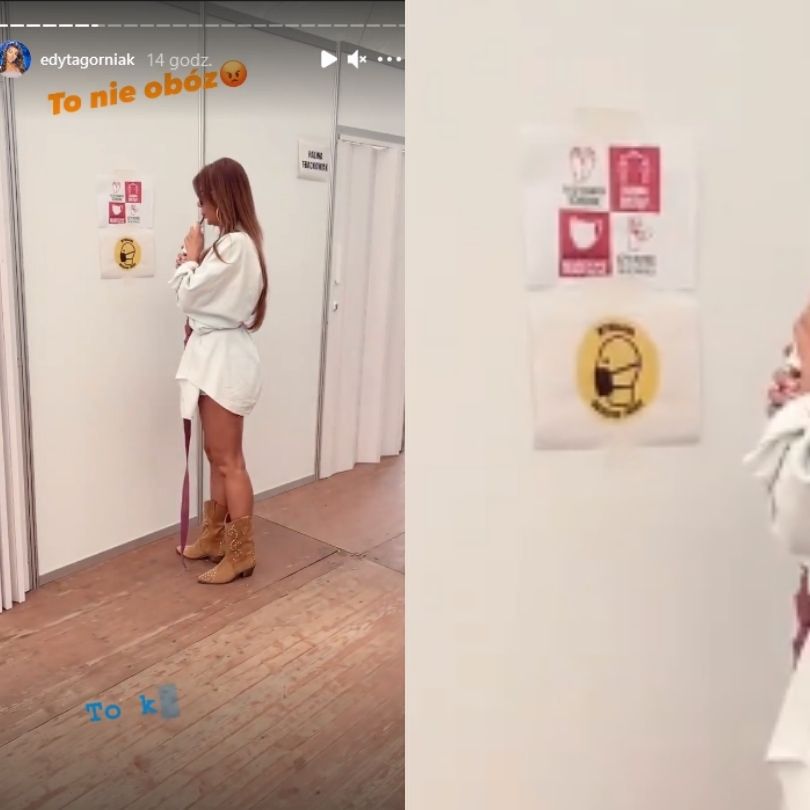 Edyta Górniak zrywa plakat nakazujący noszenie maseczek za kulisami Wakacyjnej Trasy Dwójki