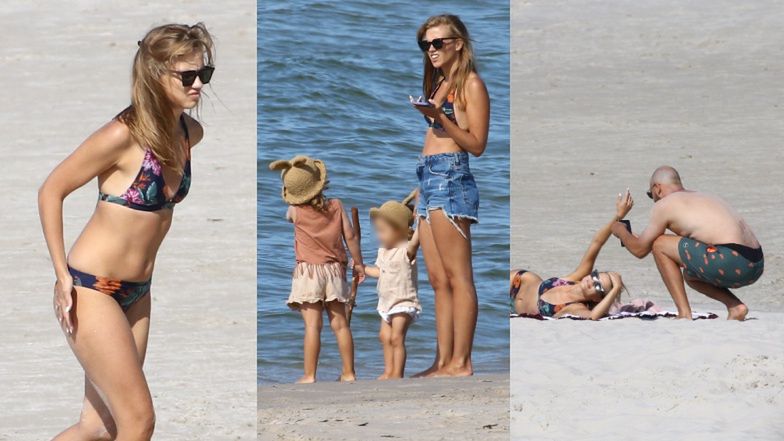 Plażowiczka Agnieszka Kaczorowska zażywa kąpieli słonecznych i WYGINA SIĘ przed obiektywem męża