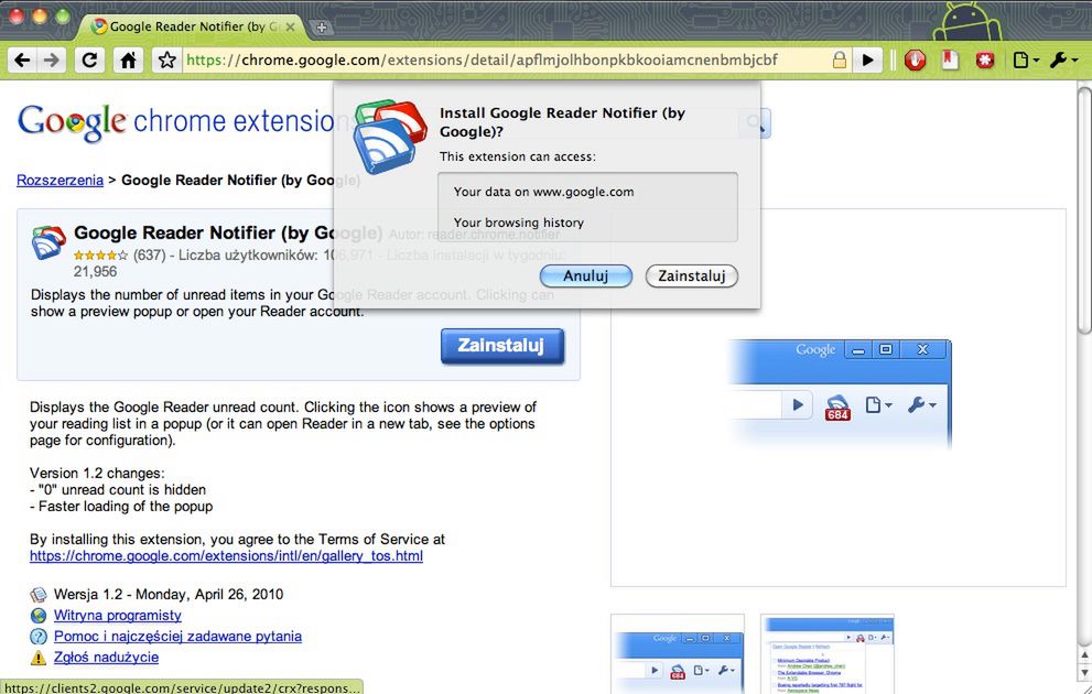 Powiadomienia Czytnika Google w przeglądarce Chrome 2