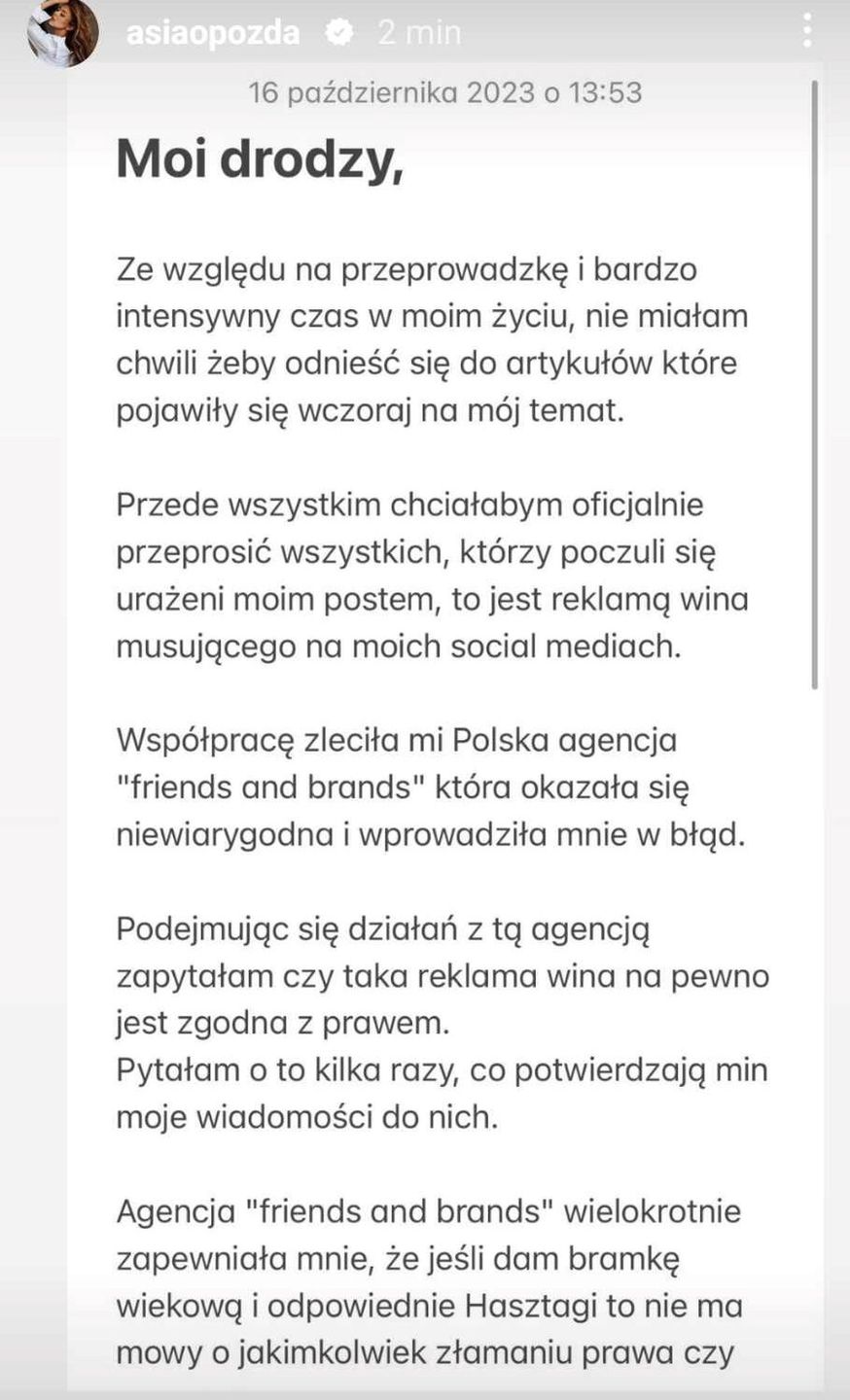 Joanna Opozda wydała oświadczenie w sprawie promowania alkoholu