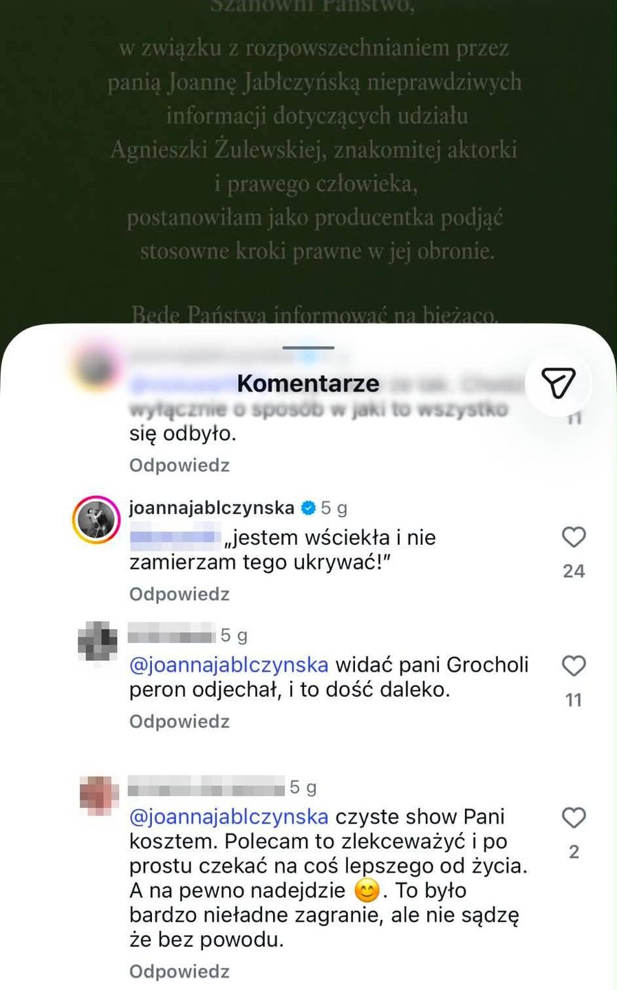 Joanna Jabłczyńska odpowiedziała na komentarz