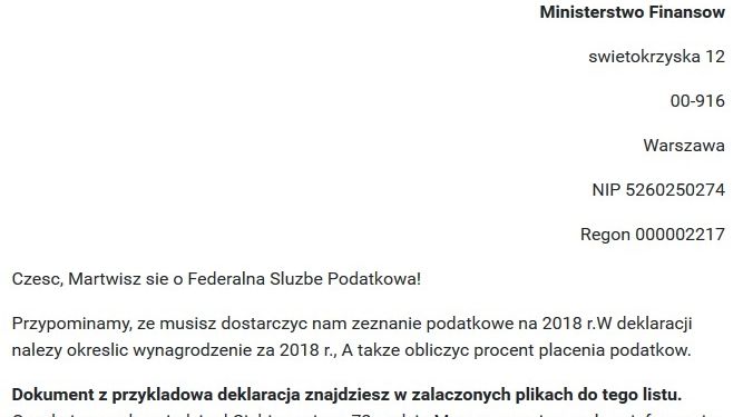 Tak wygląda przykładowy mail od oszustów