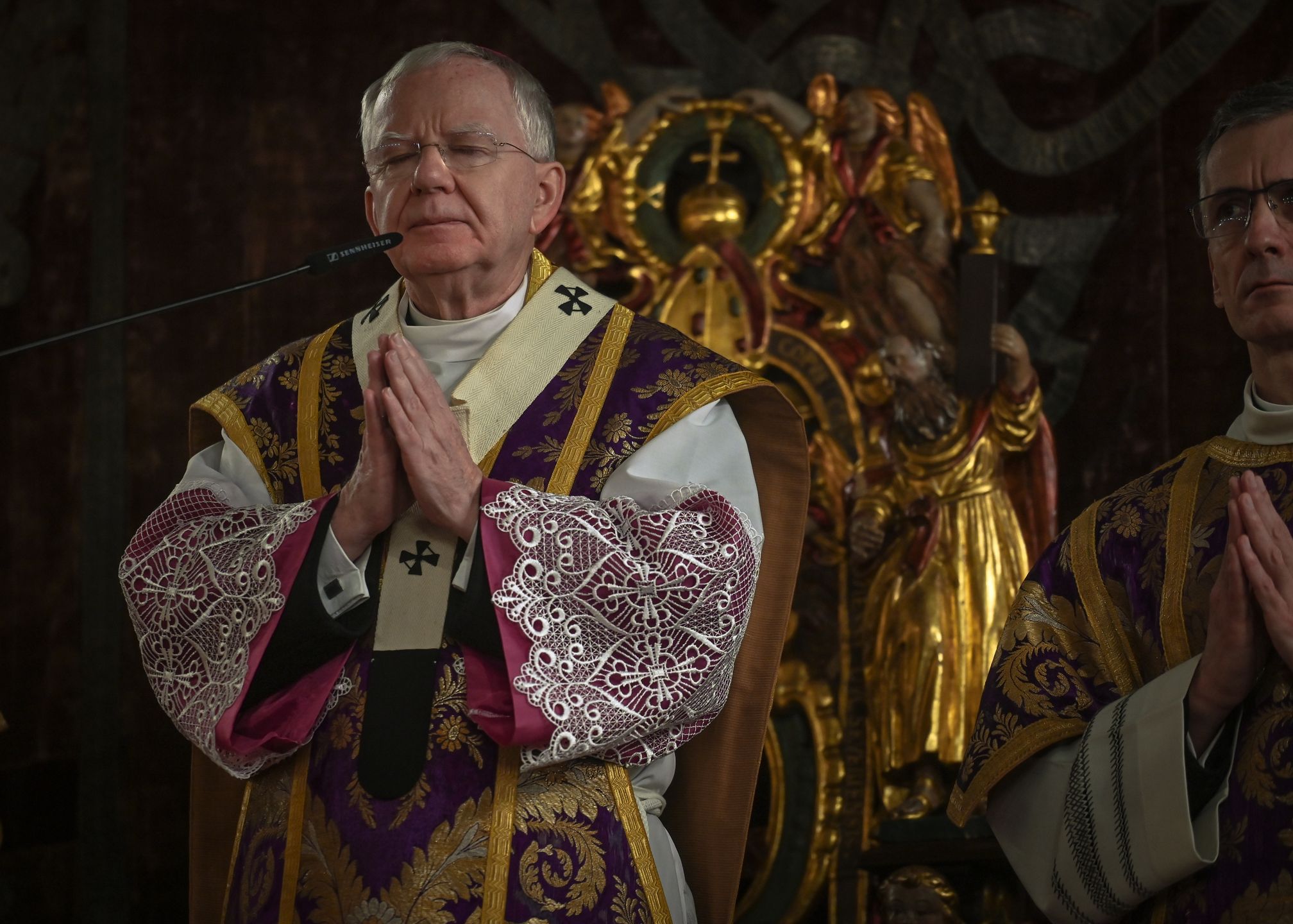 KRAKOW, POLAND - FEBRUARY 24:
Archbishop of Krakow, Marek Jedraszewski, leads a solemn Holy Mass for peace in Ukraine on the first anniversary of Russia's invasion, held at the historic Wawels Cathedral, in Krakow, Poland on February 21, 2023.
Krakow's community comes together to mark the first anniversary of Russia's invasion of Ukraine and show unwavering solidarity with Ukraine's struggle for peace. A special mass, concert, and symbolic 'March For Peace' through the city underscore the power of unity and solidarity in times of crisis. (Photo by Artur Widak/NurPhoto via Getty Images)