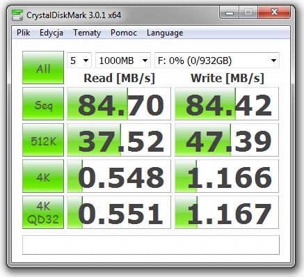 Wynik z Crystal Disk Info (podłaczony pod USB 3.0)