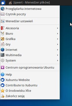 Klasyczne menu XFCE4, domyślne w starym Ubuntu