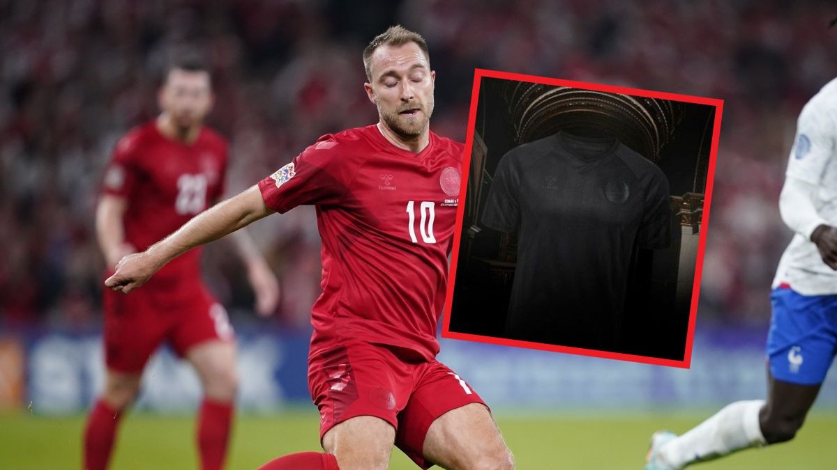 Christian Eriksen, na małym zdjęciu: czarna koszulka reprezentacji Danii na MŚ 2022 w Katarze