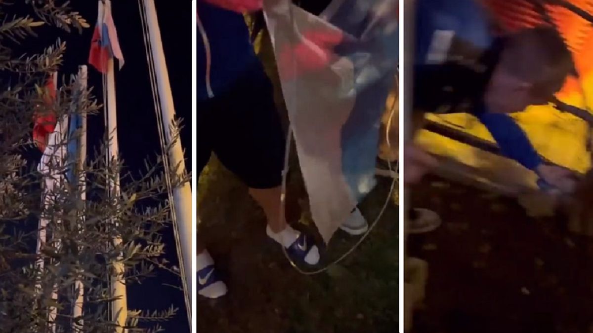Twitter / Na zdjęciu: Ołeksij Dytiatjew ściąga rosyjską flagę