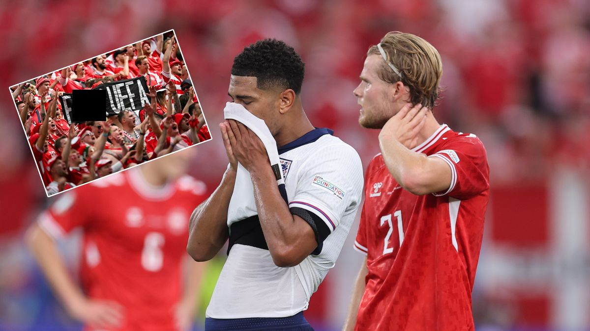 Getty Images / Catherine Ivill / Na zdjęciu: Jude Bellingham i Morten Hjulmand, w ramce: transparent duńskich kibiców