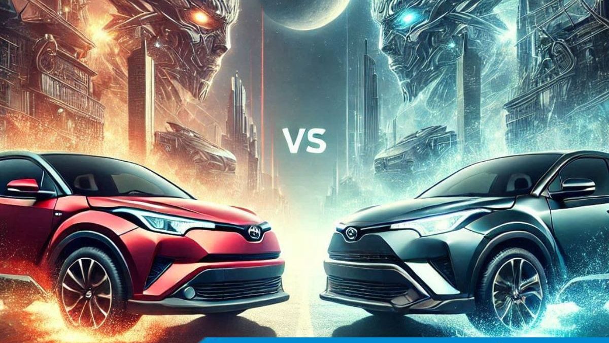 walka Toyota C-HR vs Toyota Yaris Cross grafika futurystyczna