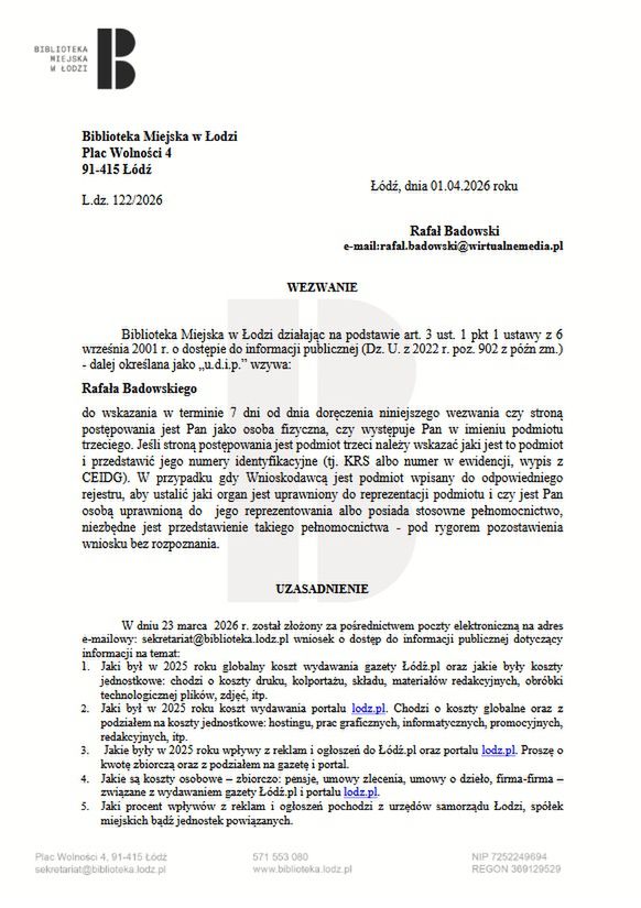 Wezwanie z Biblioteki Miejskiej Łodzi. 