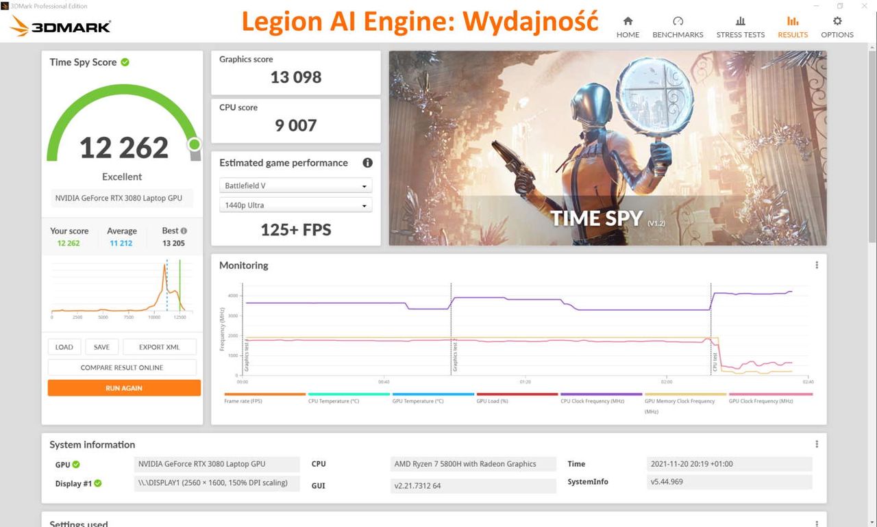 Lenovo Legion 7 z 2021 roku - wydajność w trybie wydajnosć