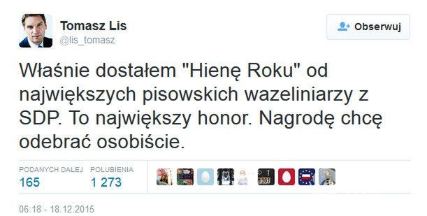 Tomasz Lis otrzymał tytuł dziennikarskieh "Hieny Roku"