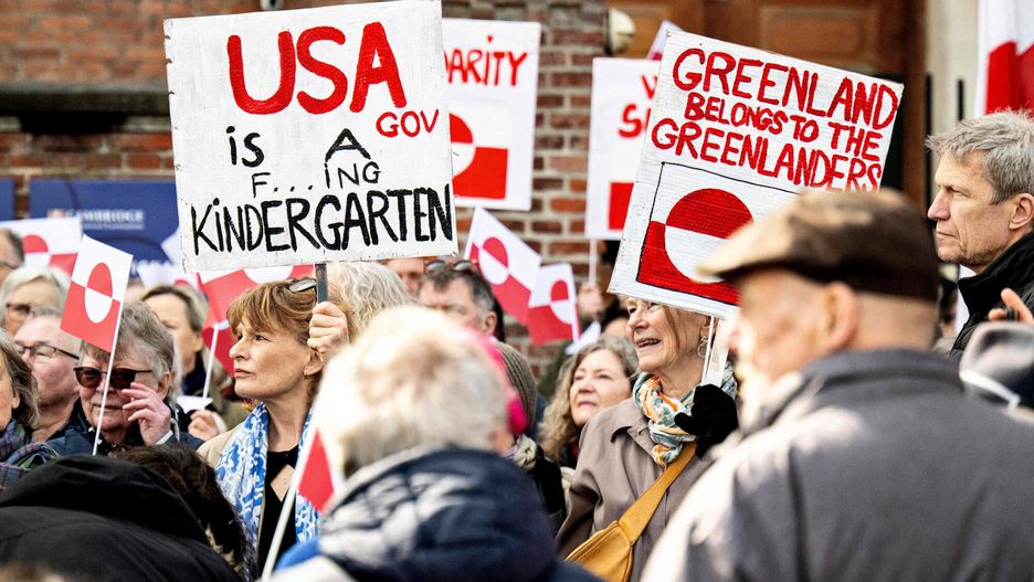 Temporary
People protest against the American pressure taking place against Greenland and Denmark, in front of the American Embassy in Copenhagen on March 29, 2025. Political leaders in Greenland, the self-governing Danish territory coveted by President Donald Trump, have agreed to form a broad four-party government "to face the heavy pressure" from the United States, the new prime minister said on March 28, 2025. (Photo by Nils Meilvang / Ritzau Scanpix / AFP) / Denmark OUT
NILS MEILVANG