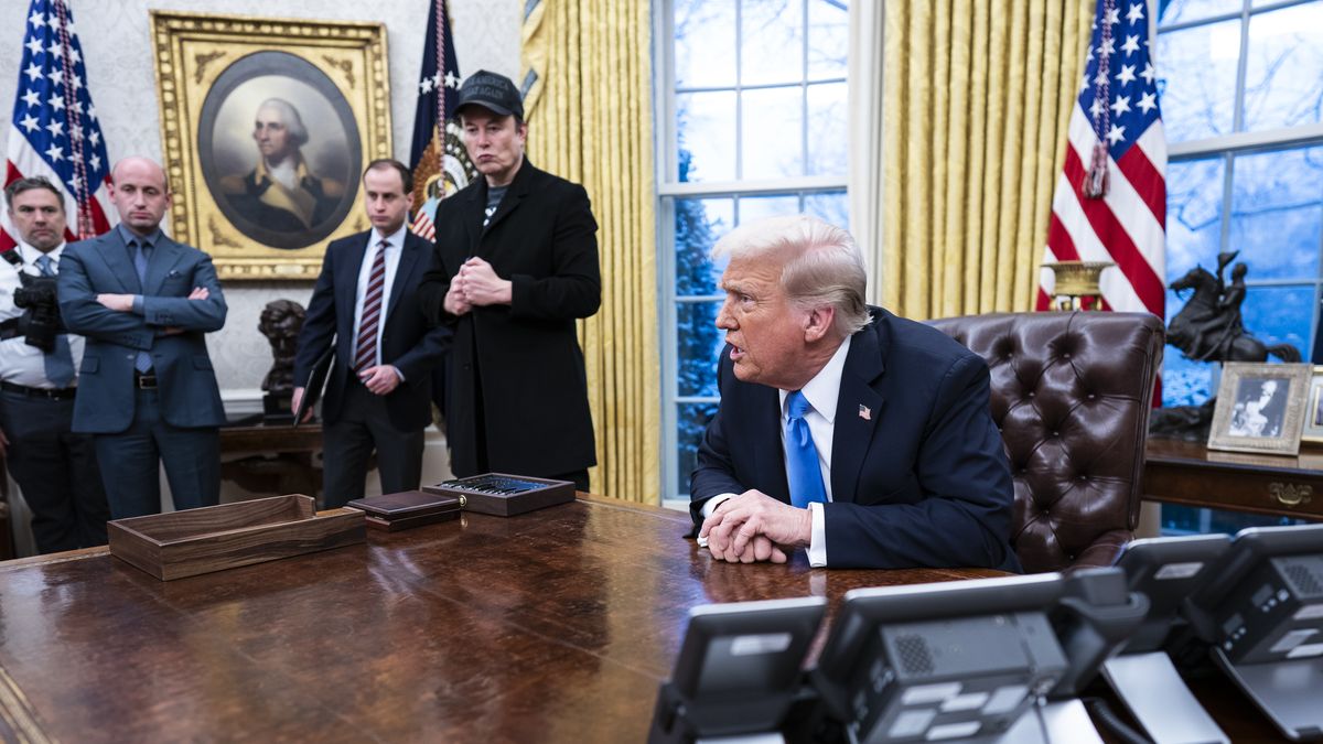 Washington, DC - February 11 : Elon Musk speaks with President Donald J Trump and reporters in the Oval Office at the White House on Tuesday, Feb 11, 2025 in Washington, DC. (Photo by Jabin Botsford/The Washington Post via Getty Images)
