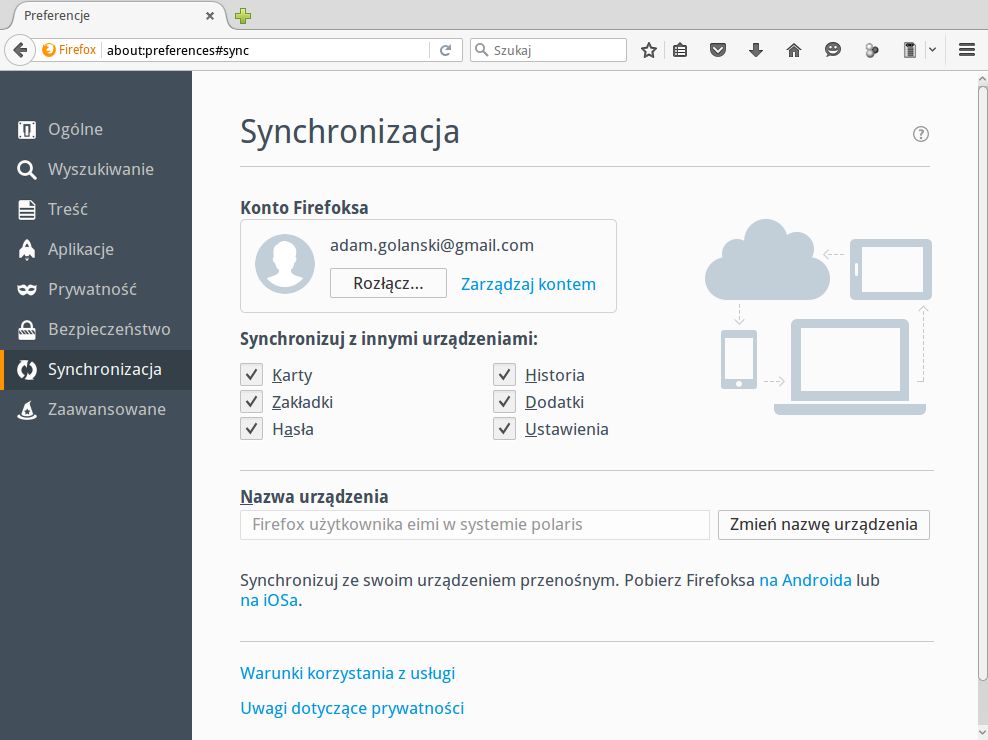 Ustawienia synchronizacji w Firefoksie