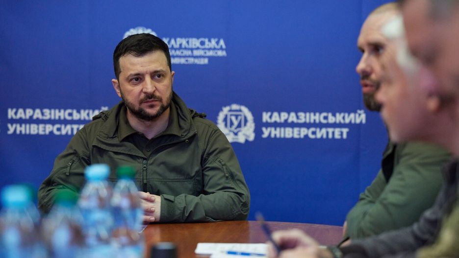 KHARKIV, UKRAINE - MAY 29: (----EDITORIAL USE ONLY â MANDATORY CREDIT - "UKRAINIAN PRESIDENCY / HANDOUT" - NO MARKETING NO ADVERTISING CAMPAIGNS - DISTRIBUTED AS A SERVICE TO CLIENTS----) President of Ukraine Volodymyr Zelenskyy visits the Kharkiv region for the first time since Russia started the attacks against his country on February 24, in Kharkiv region, Ukraine on May 29, 2022. After the investigations on the front line, Zelenskyy visited the houses and other structures destroyed by the clashes in the city of Kharkiv, and held a meeting with the army officials there. (Photo by Ukrainian Presidency/Handout/Anadolu Agency via Getty Images)
