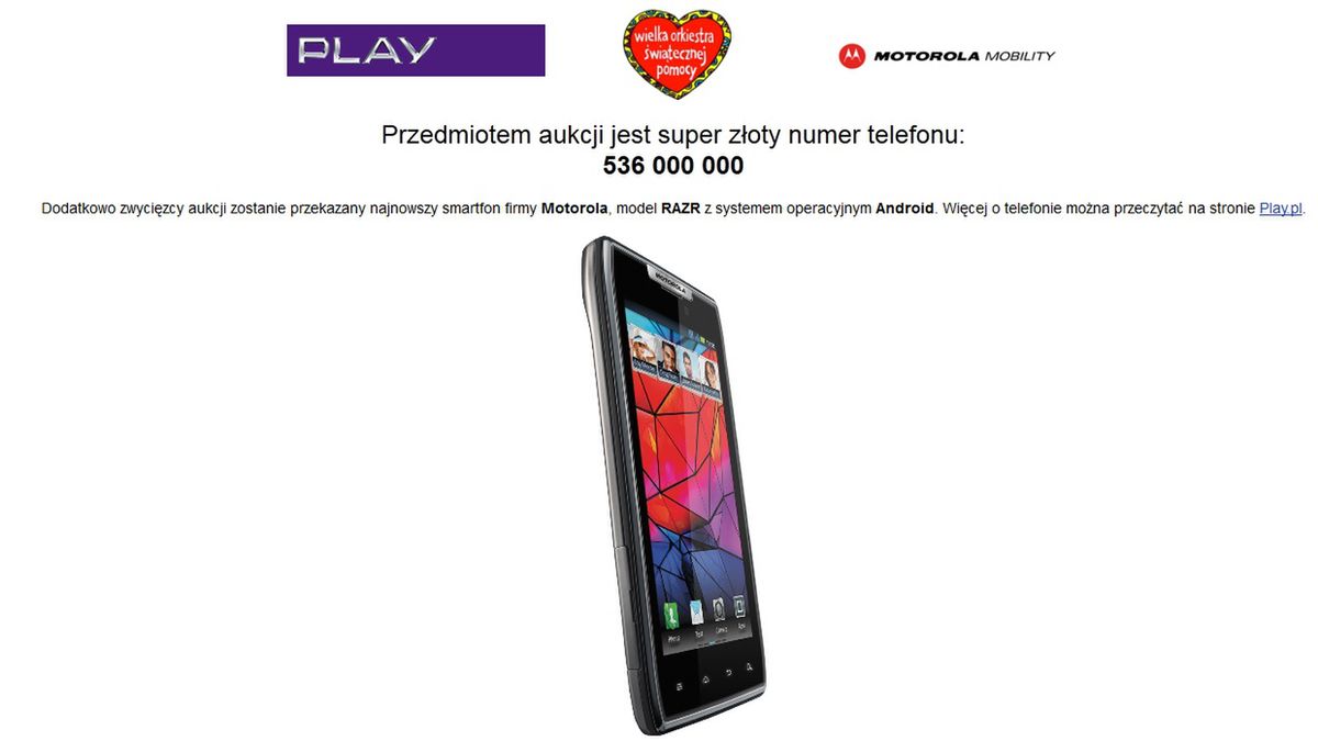 Złote numery Play, Motorola RAZR i Nokia Lumia 800 na aukcjach WOŚP 1