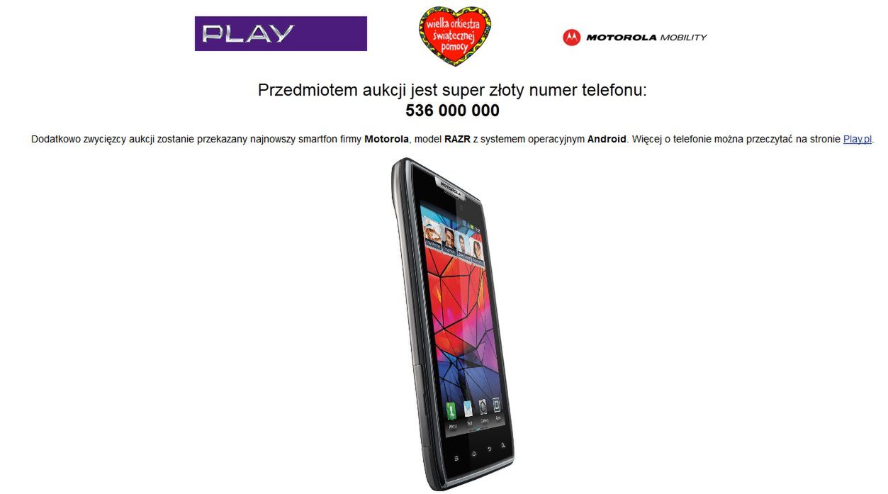 Złote numery Play, Motorola RAZR i Nokia Lumia 800 na aukcjach WOŚP