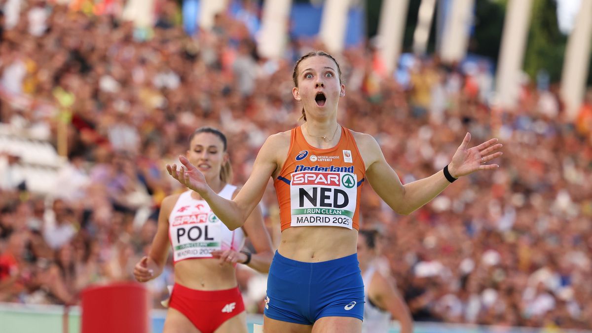 MADRID, SPAIN - JUNE 27: Femke Bol of Team Netherlands reacts after winning and setting a new championship record of 49.48 in the Women's 400m during the European Athletics Team Championships 1st Division Day 1 at Vallehermoso Stadium on June 27, 2025 in Madrid, Spain. (Photo by Joosep Martinson/Getty Images for European Athletics)