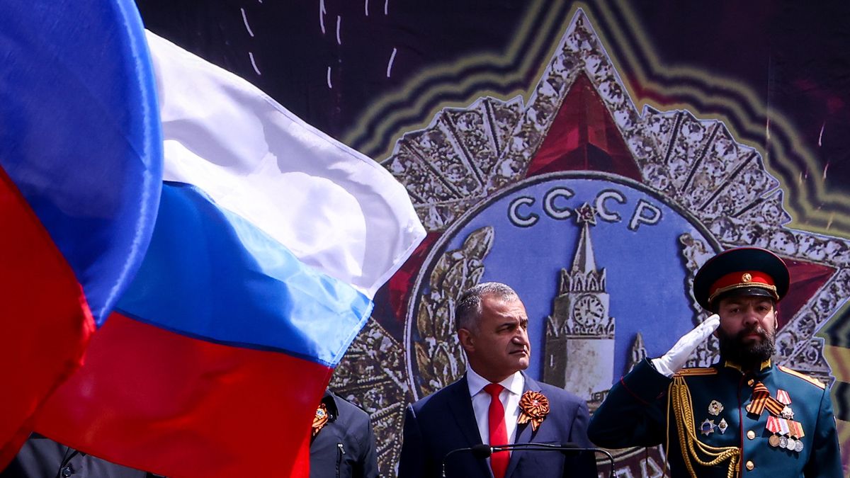 TSKHINVAL, SOUTH OSSETIA - MAY 9, 2022: South Ossetia's President Anatoly Bibilov (L) and South Ossetia's Defense Minister Vladimir Pukhayev take part in a Victory Day military parade marking the 77th anniversary of the victory over Nazi Germany in World War II, in Theatre Square. Valery Sharifulin/TASS