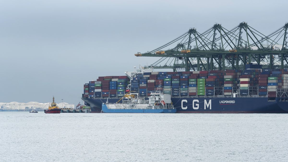 The CMA CGM Scandola container ship is simultaneously loaded with containers and bunkered with liquified natural gas (LNG) by the FueLNG Bellina bunkering vessel, not pictured, at the Port of Singapore in Singapore, on Wednesday, March 24, 2021. Singapore non-oil domestic exports rose 4.2 percent in February from a year earlier, the International Enterprise Singapore said in an emailed statement. Photographer: Wei Leng Tay/Bloomberg via Getty Images