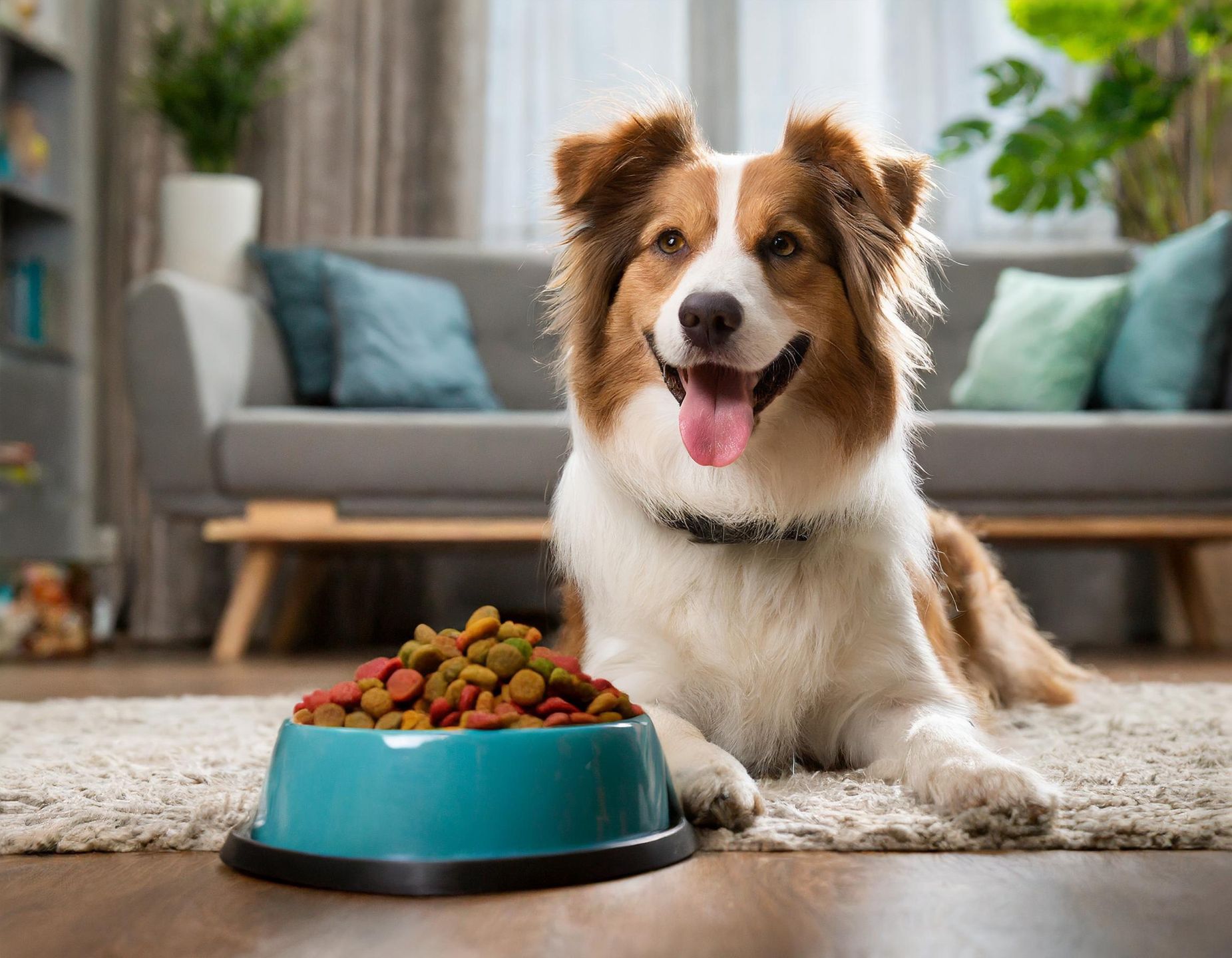 Pies leżący na dywanie przy turkusowej misce wypełnionej suchą karmą.