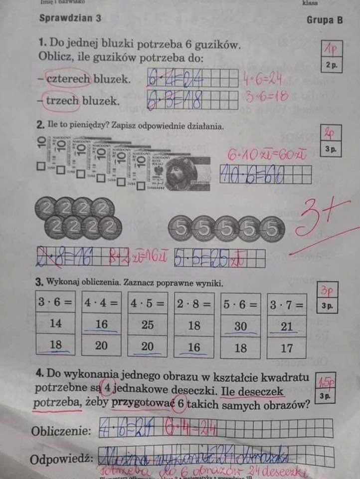 Zdjęcie sprawdzianu drugoklasisty. Według mamy został on niesprawiedliwie oceniony przez nauczycielkę.