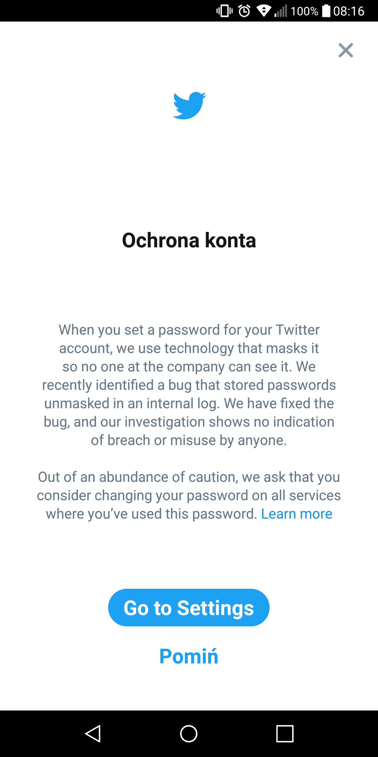 Wezwanie do zmiany hasła w mobilnej aplikacji Twittera na Androida. Jak widać, zabrakło czasu na tłumaczenie komunikatu.