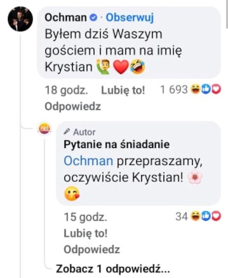 Wpadka w "Pytaniu na śniadanie". Krystian Ochman komentuje 
