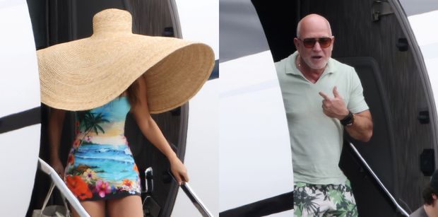 Jeff Bezos w hawajskich gatkach i Lauren Sanchez z GIGANTYCZNYM kapeluszem na głowie wynurzają się z prywatnego odrzutowca (ZDJĘCIA)
