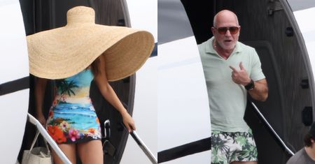 Jeff Bezos w hawajskich gatkach i Lauren Sanchez z GIGANTYCZNYM kapeluszem na głowie wynurzają się z prywatnego odrzutowca (ZDJĘCIA)