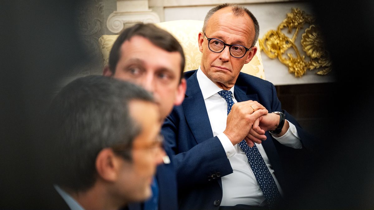 WASHINGTON, DC  June 5: Chancellor of Germany Friedrich Merz during a meeting with US President Donald Trump in the Oval Office of the White House on Thursday June 5, 2025.  (Photo by Demetrius Freeman/The Washington Post via Getty Images)
