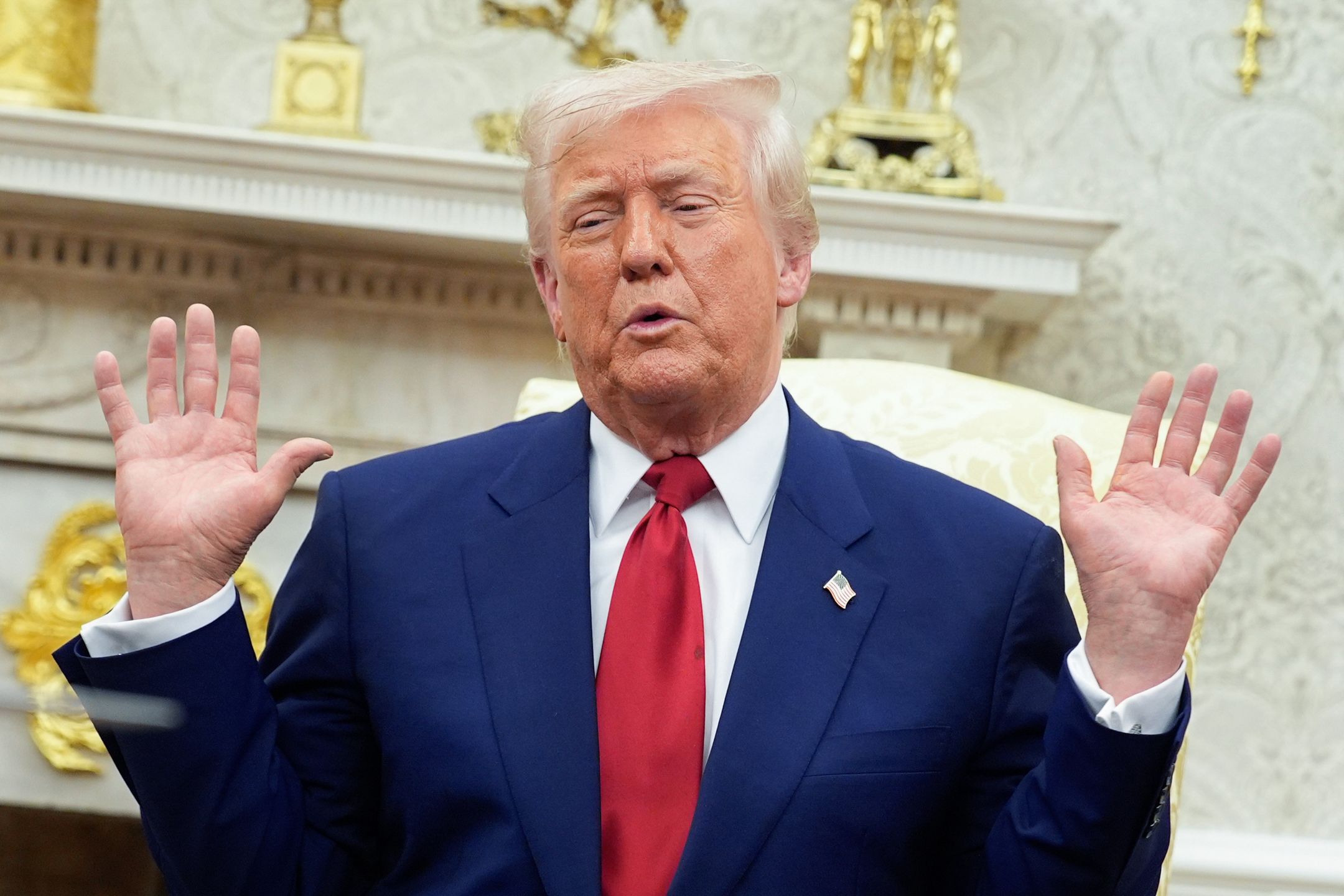 US President Donald Trump during a bilateral meeting with Benjamin Netanyahu, Israel's prime minister, not pictured, in the Oval Office of the White House in Washington, DC, US, on Monday, April 7, 2025. Netanyahu said his country would work to eliminate trade barriers and deficits with the US. Photographer: Yuri Gripas/Abaca/Bloomberg via Getty Images